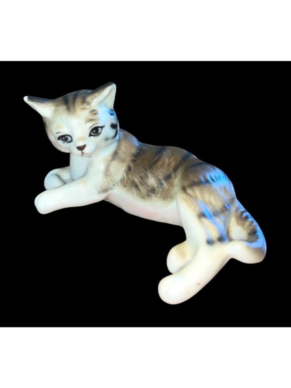 Vintage Bone China Hand-Painted Mini Tabby Cat Figurine  2.5" Long x 1" Tall